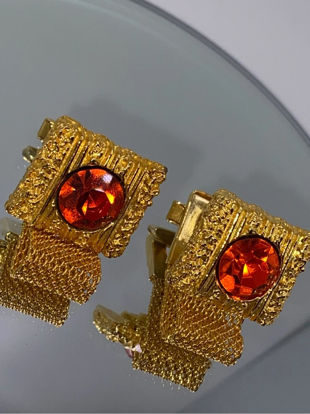 Mid Century Embassy Bright Orange Large Rhinestone Gold Tone Men’s VTG Cufflinks